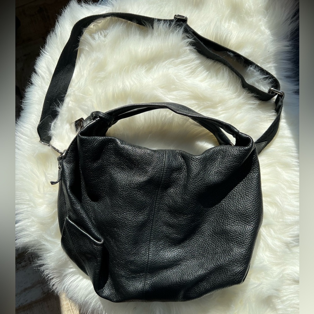 Furla Black Pebble Leather Handles & Adjustable Crossbody Woven Cotton Strap